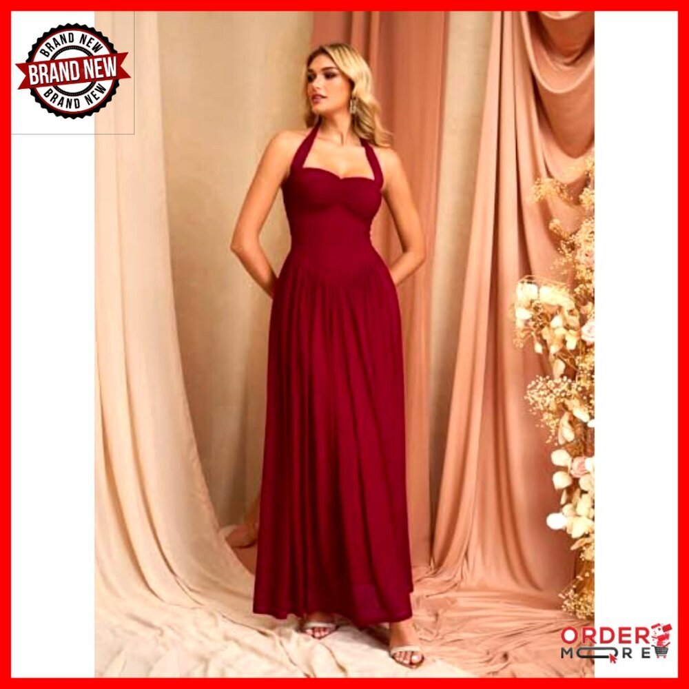 Elegant Halter Neck Corset Maxi Dress Backless Evening Gown Wedding Guest - Picture 3 of 5